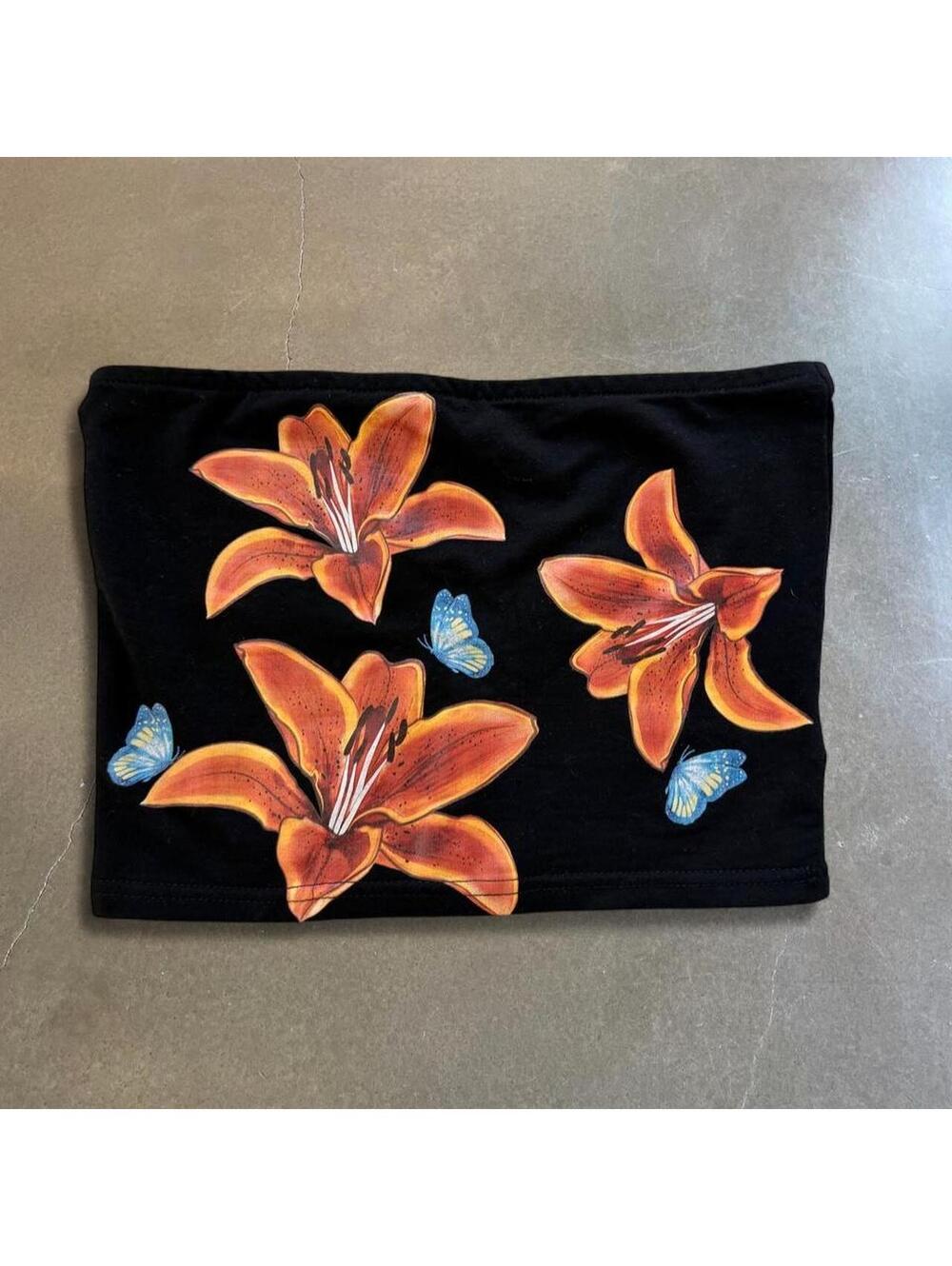 Y2K EDIKTED Black Floral Butterfly Tube Top Orange Lily size s
